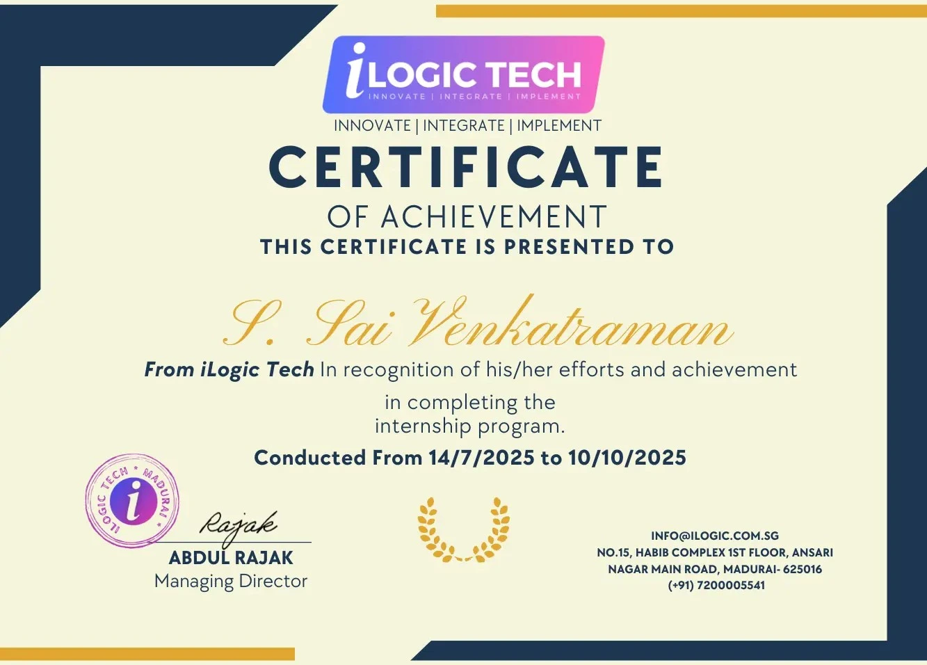 Testimonial from Sai Venkatraman .S